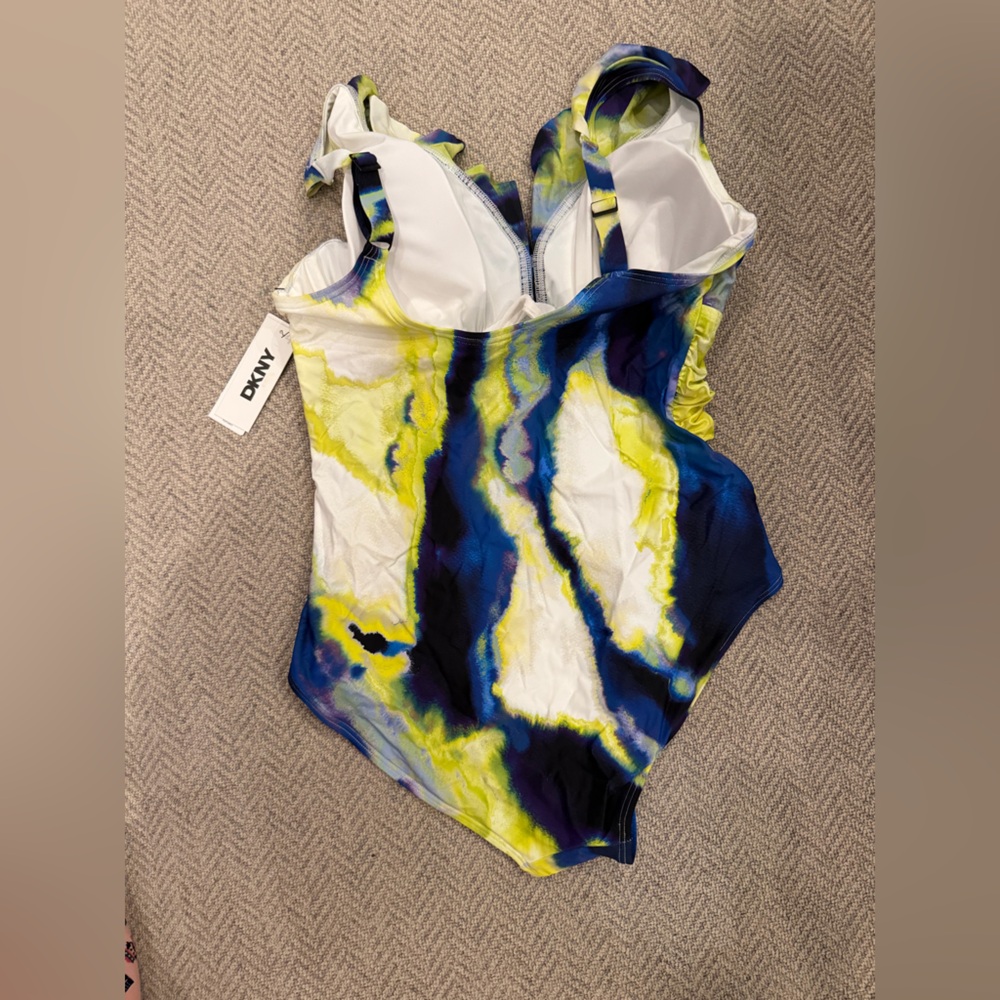 DKNY Ruffle Plunge Underwire Tummy Control One-Piece Swimsuit with Cups - Picture 3 of 5